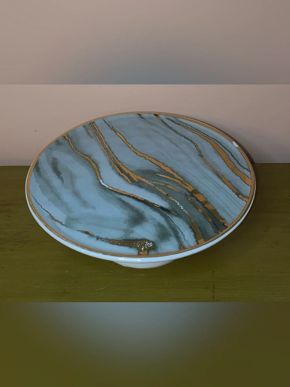 CERAMIC 9” CAKE STAND Marble Blue/Gray and Gold Vein Pattern Metallic Gold Trim